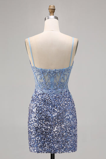 Sparkly Grey Blue Corset Homecoming Dress with Slit